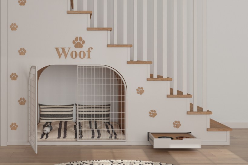 home design built in pet feeding station with food and water bowl under a stairway