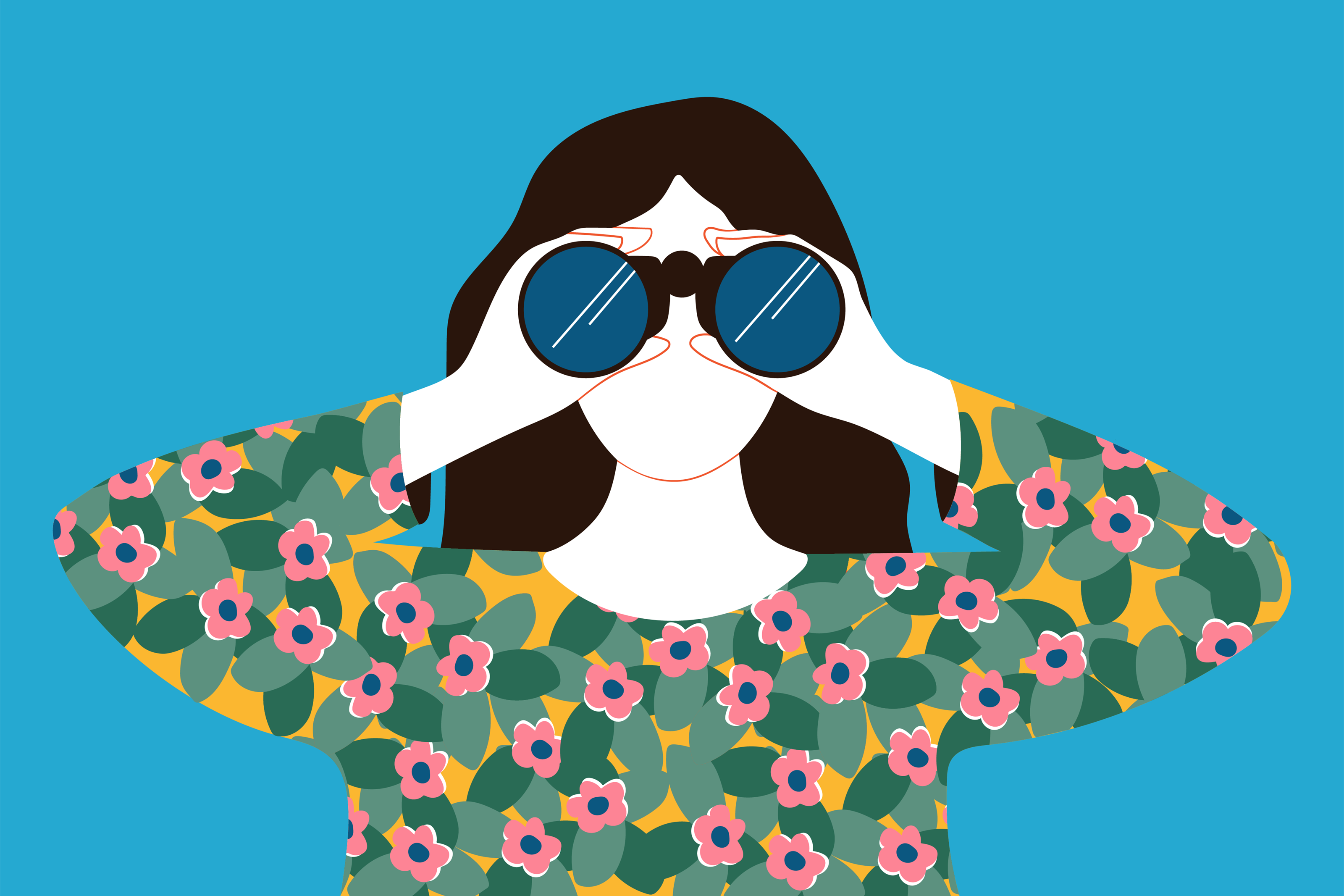 house hunting checklist snoop home you want illustration of a woman with black hair and a colorful floral top holding a pair of binoculars to her eyes