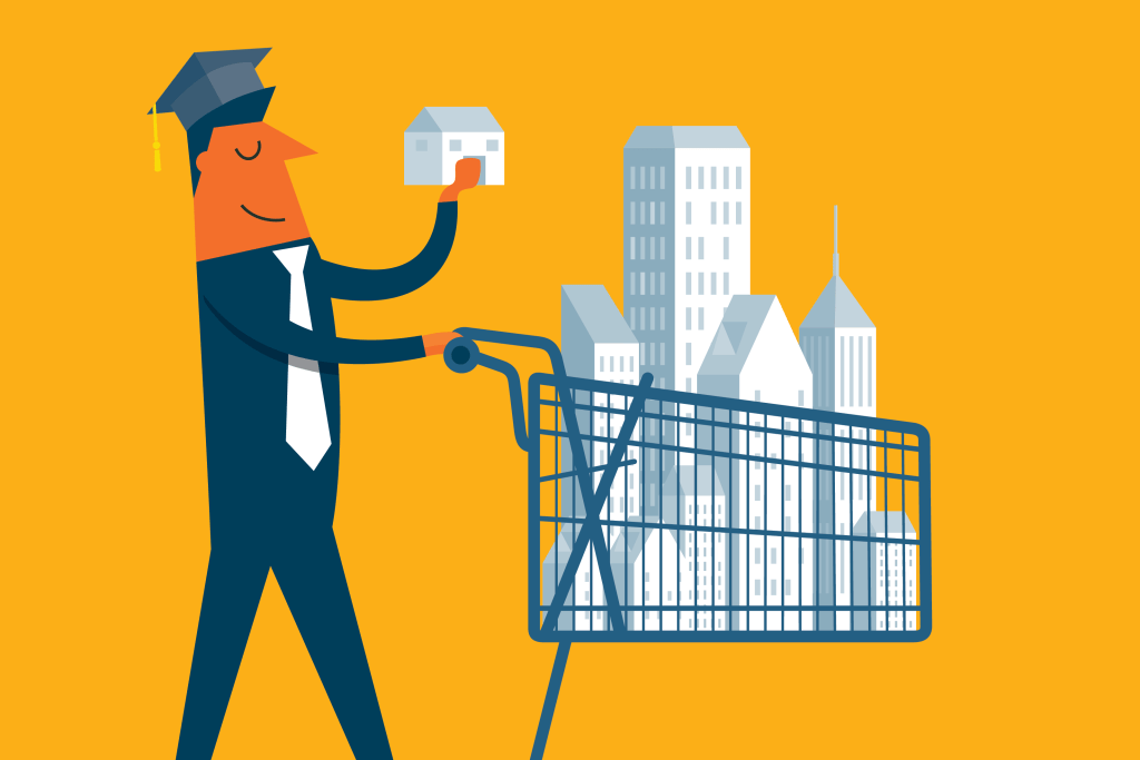 student loan repayment Illustration of graduate with shopping cart full of property