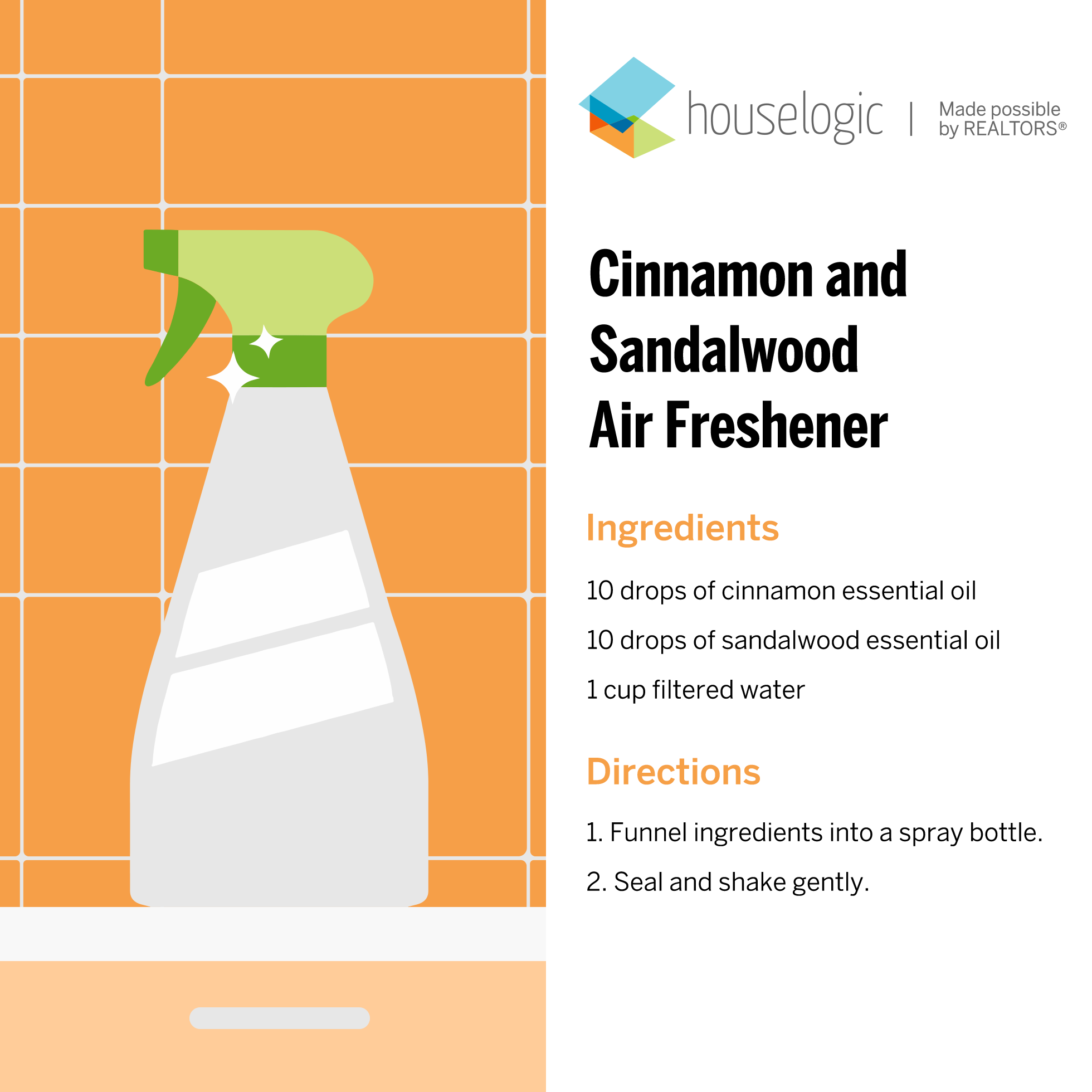 homemade air freshener animation of a white and green bottle squeezing out product with an orange tile background with the recipe for cinnamon and sandalwood air freshener