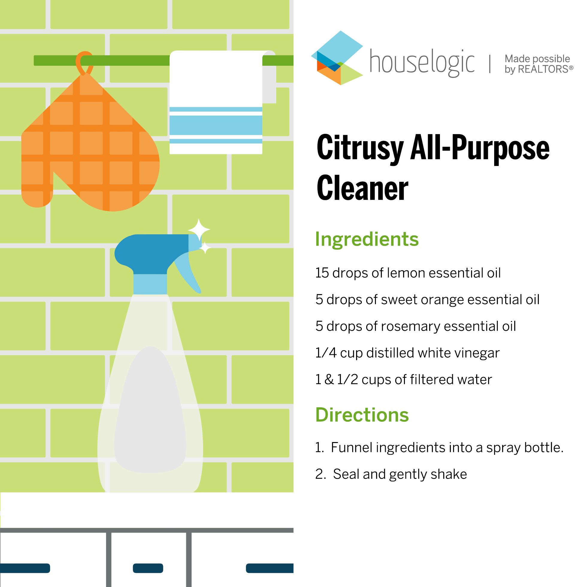 homemade all-purpose house cleaner animation of a water bottle squeezing out product on a counter with green tile background with the recipe for citrusy all-purpose cleaner