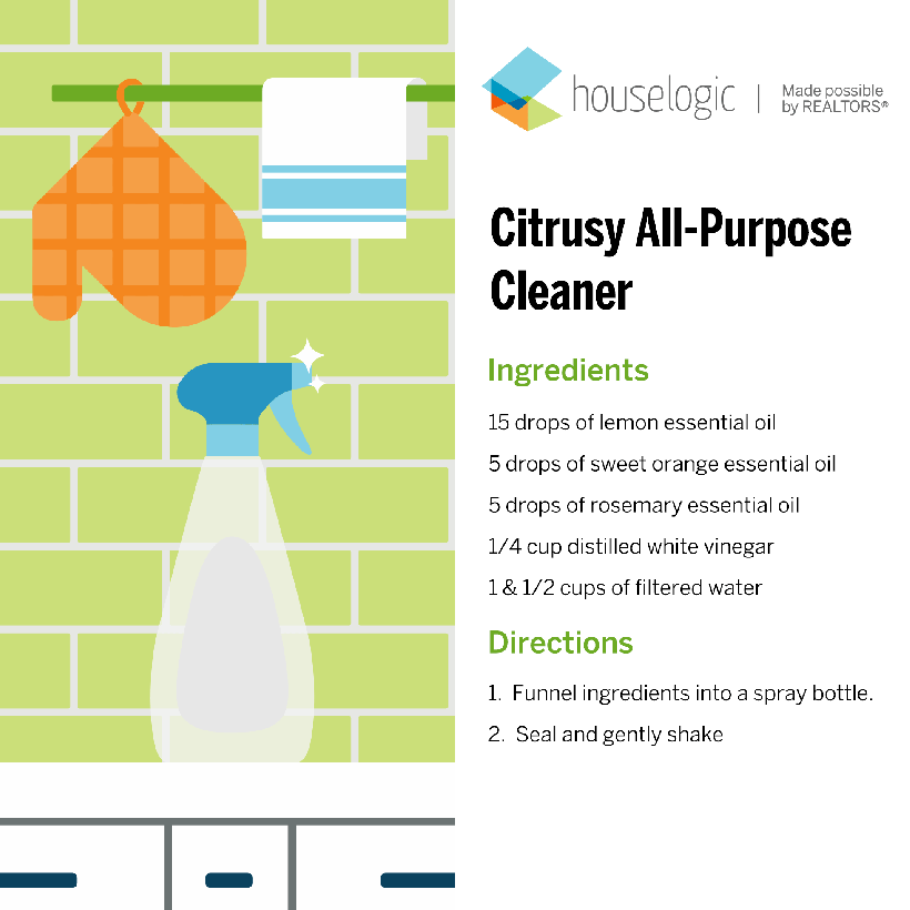 homemade all-purpose house cleaner animation of a water bottle squeezing out product on a counter with green tile background with the recipe for citrusy all-purpose cleaner
