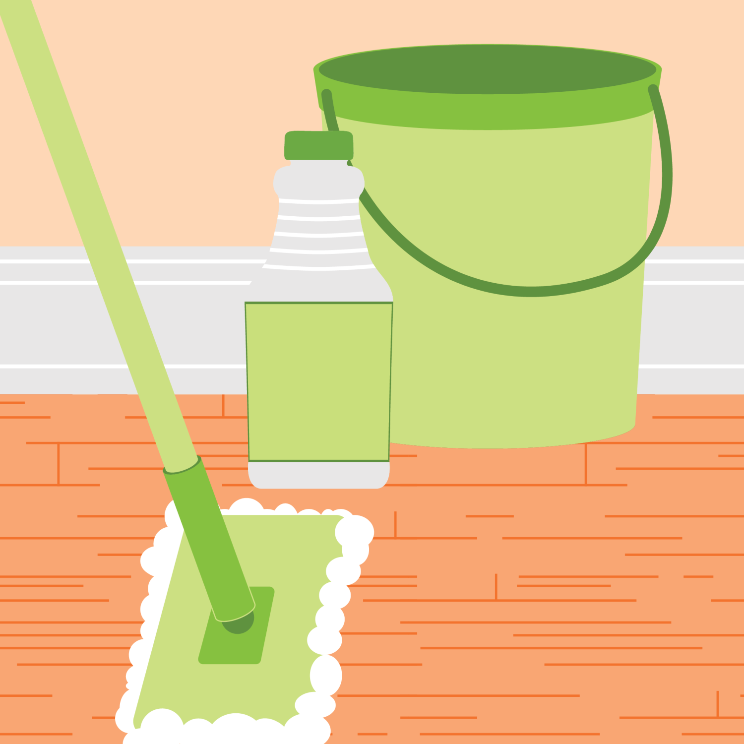 homemade products floor cleaner graphic of a green mop and bucket and green and white bottle of cleaner on a wood floor
