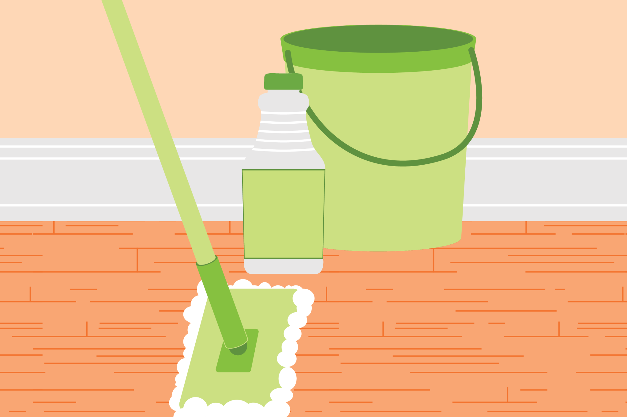 homemade products floor cleaner graphic of a green mop and bucket and green and white bottle of cleaner on a wood floor