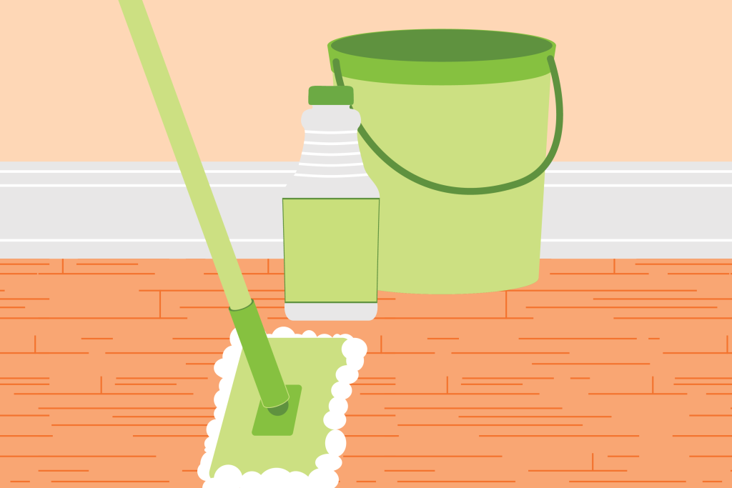 homemade products floor cleaner graphic of a green mop and bucket and green and white bottle of cleaner on a wood floor