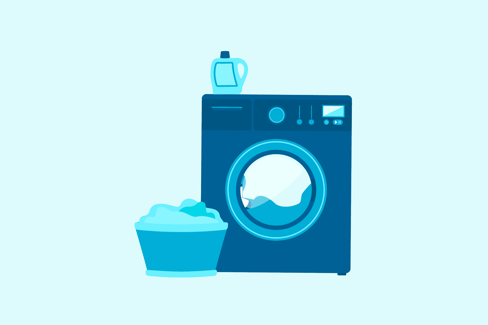 homemade cleaning products low waste and less money animation of a blue washing machine washing a load of laundry while bouncing around with a blue bottle of detergent on top and a basket of clothes on the floor