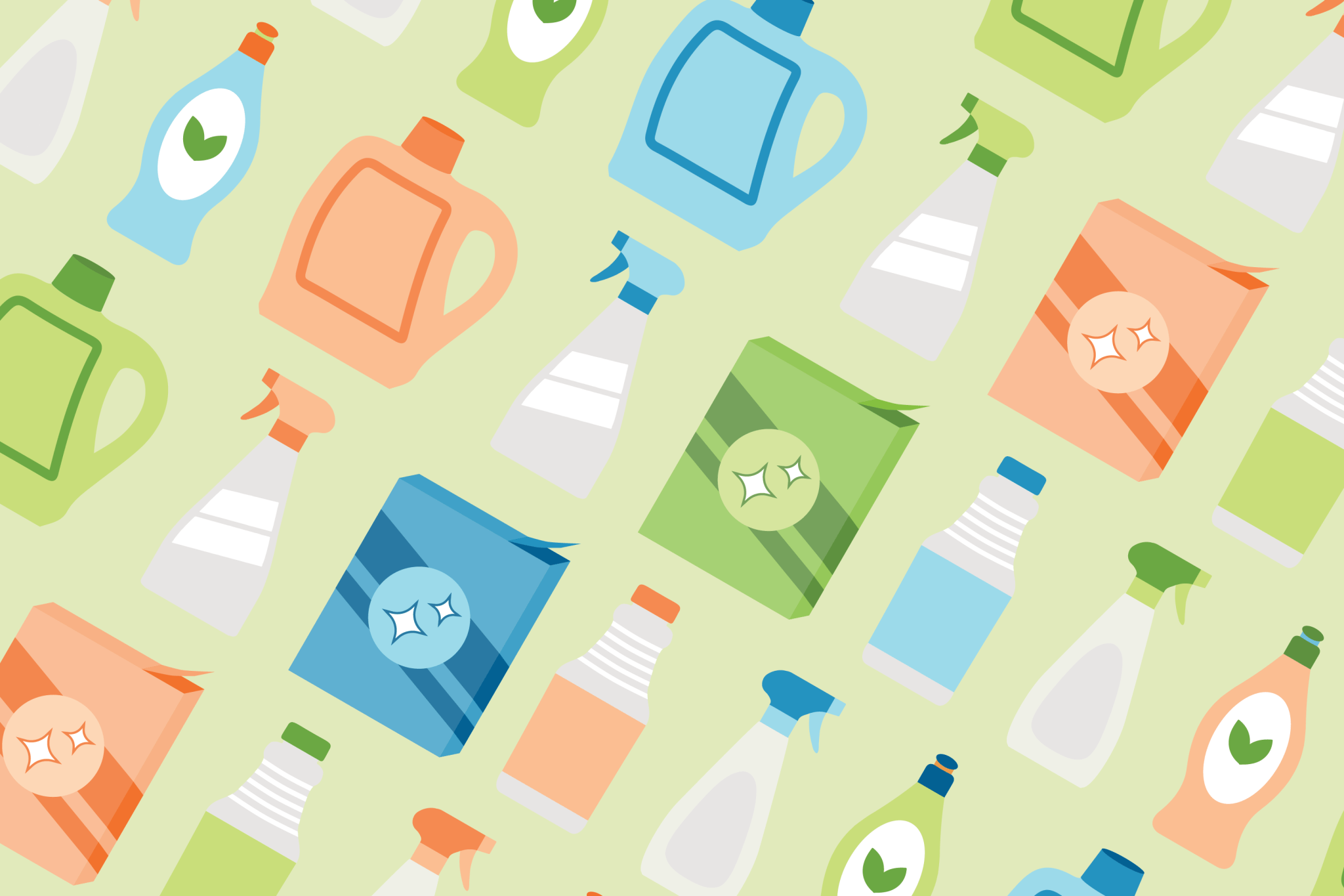 homemade cleaning products are low waste and cost less graphic of different color cleaning bottles and boxes on a light green background