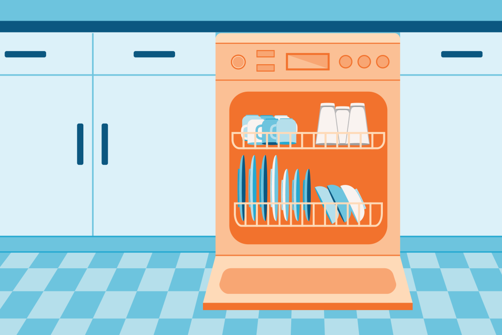 homemade dish detergent graphic of clean dishes in an orange dishwasher with a blue kitchen background