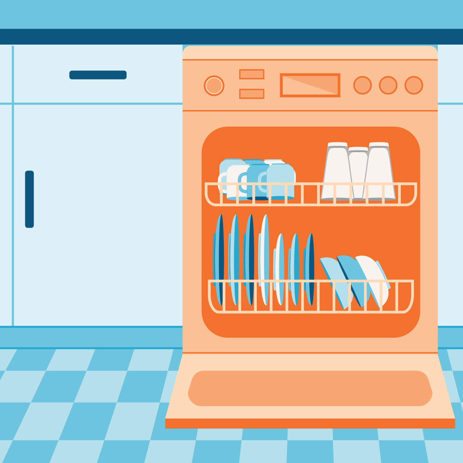 homemade dish detergent graphic of clean dishes in an orange dishwasher with a blue kitchen background