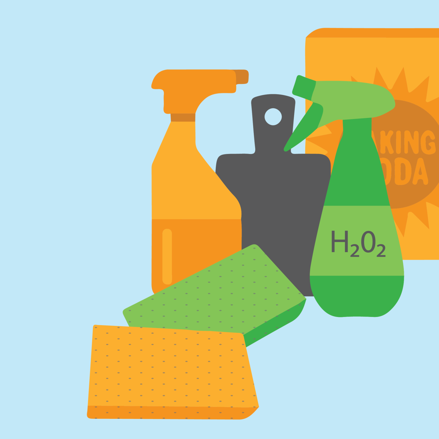 graphic of supplies to clean your house with hydrogen peroxide two spray bottles with h202 on one bottle and a box of baking soda and sponges