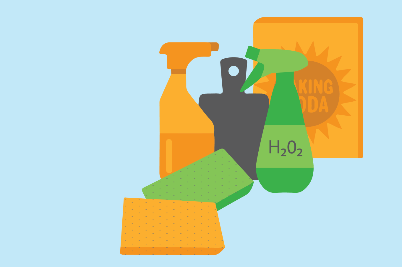 graphic of supplies to clean your house with hydrogen peroxide two spray bottles with h202 on one bottle and a box of baking soda and sponges