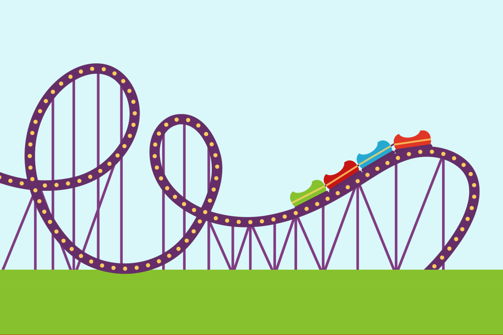 graphic of colorful cars connected on a looping rollercoaster ride
