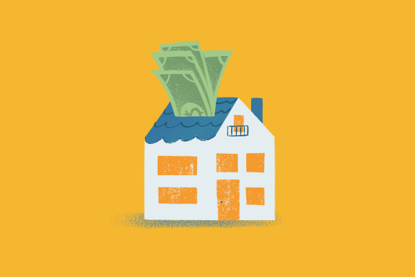 graphic of a two story white house with orange windows and a blue roof with US dollars coming out of the roof on an orange background