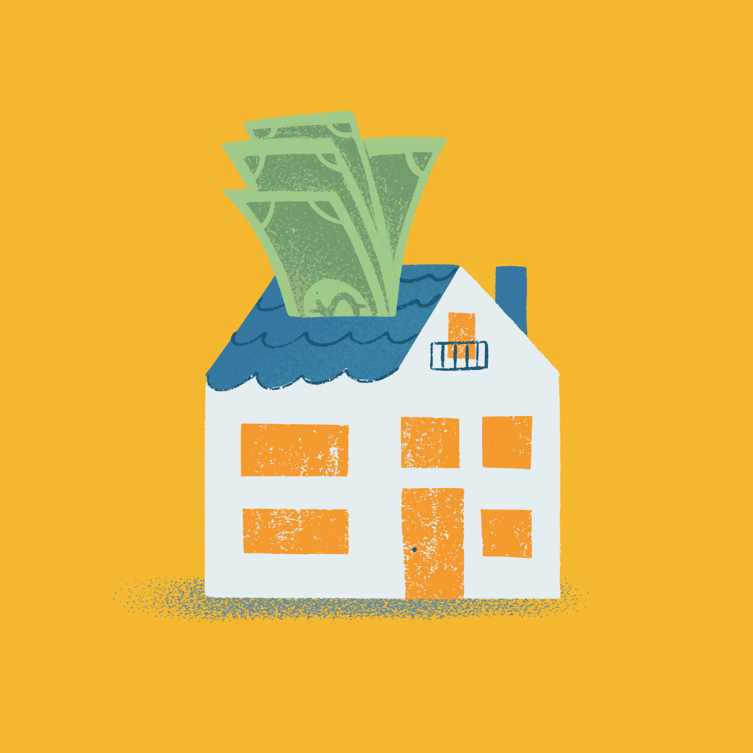 graphic of a two story white house with orange windows and a blue roof with US dollars coming out of the roof on an orange background