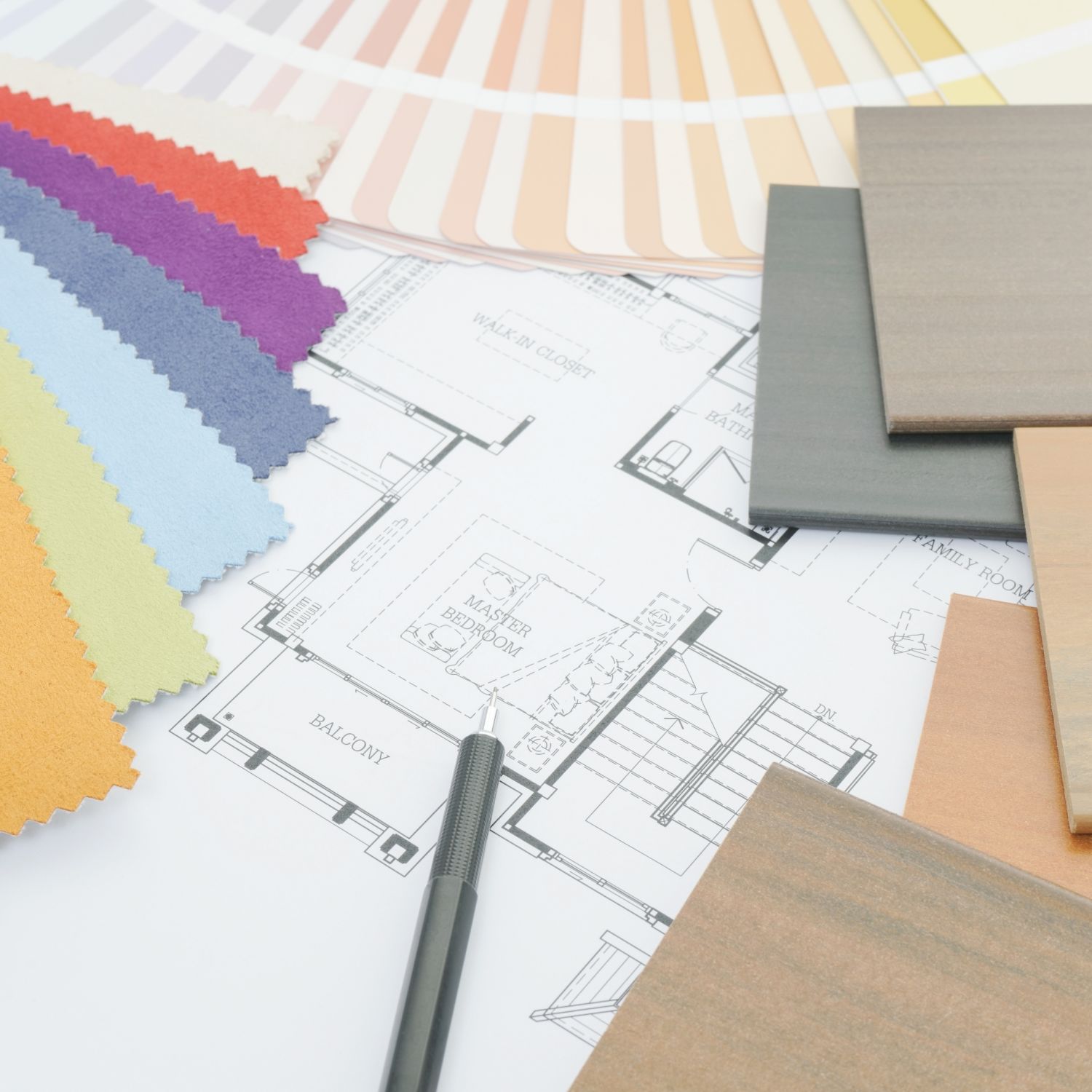 interior design samples of colorful paint and fabric and flooring create dream home with color scheme