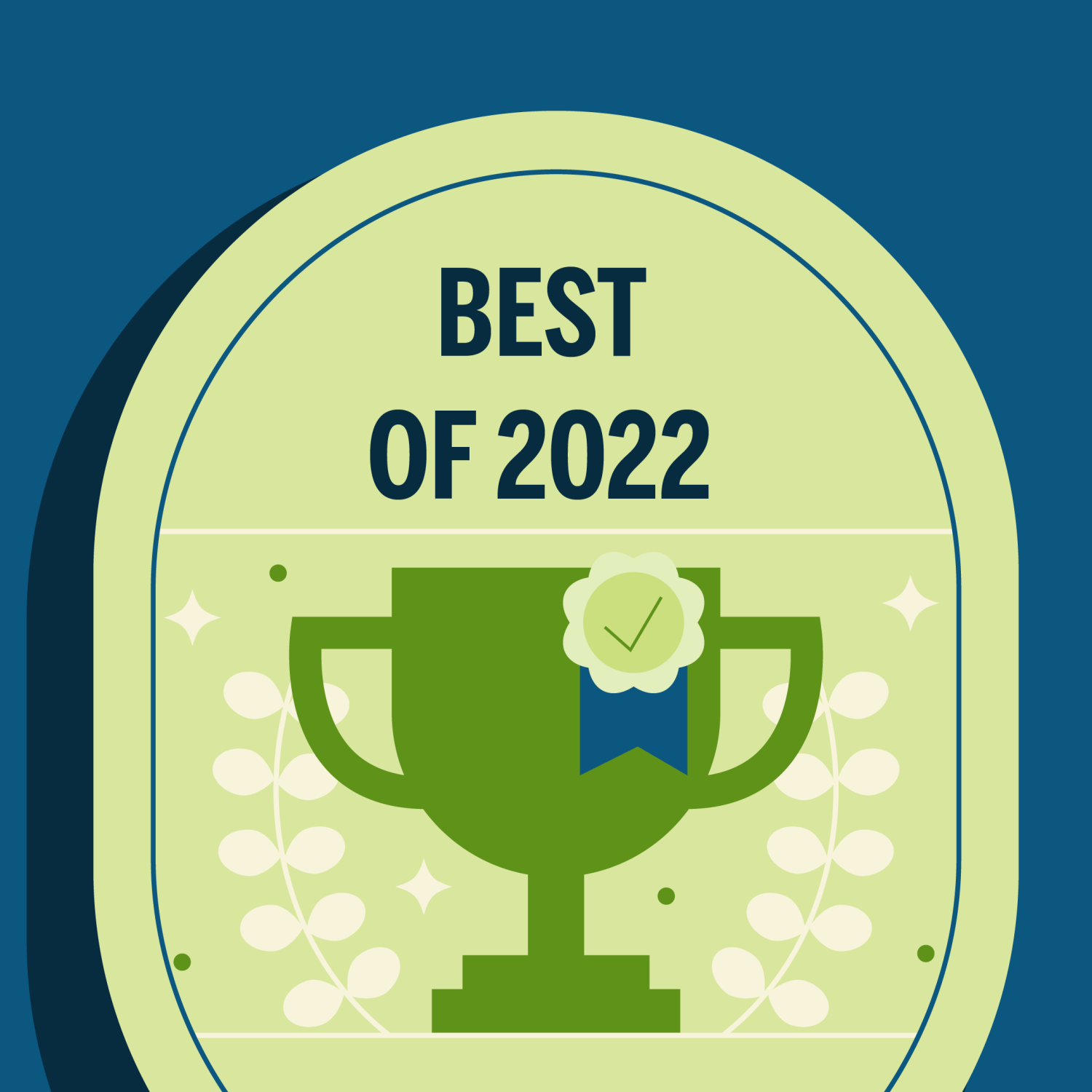 graphic light green oval on blue background with green trophy cup and ribbon with "Best of 2022" on top