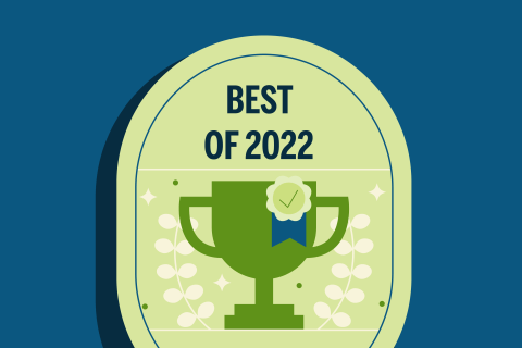 graphic light green oval on blue background with green trophy cup and ribbon with "Best of 2022" on top
