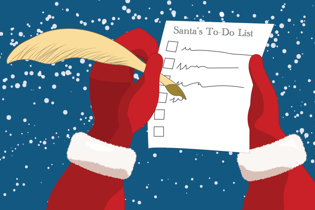 illustration of Santa holding a checklist with a feather pen and scribbling with “Santa's To-Do List” at the top