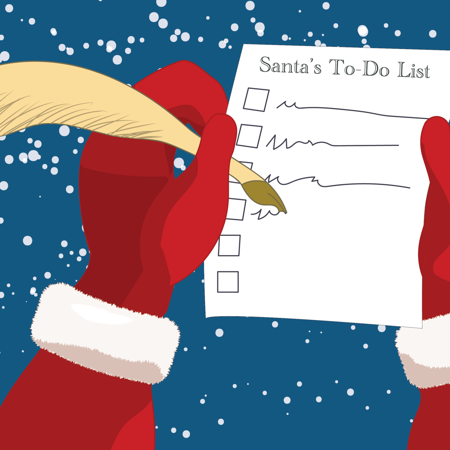 illustration of Santa holding a checklist with a feather pen and scribbling with “Santa's To-Do List” at the top