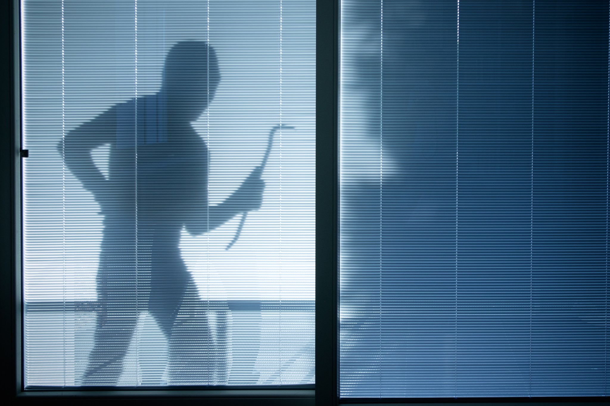 prevent break-in tips silhouette of a burglar wearing a balaclava holding a crowbar looking through a house window