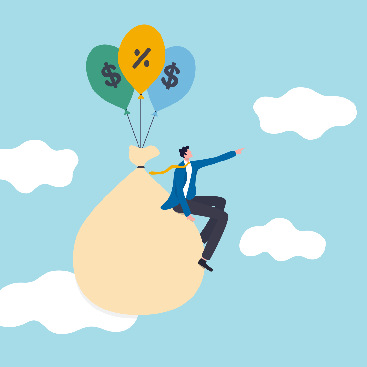 graphic of a businessperson on bag of balloons with dollar & division symbols flying across a blue sky
