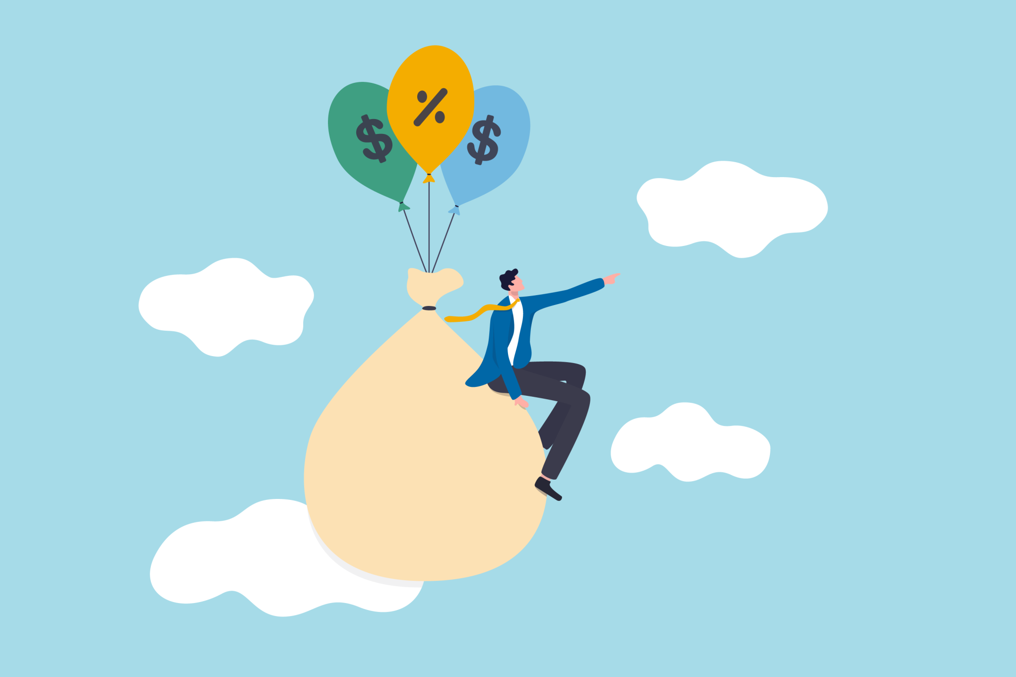 graphic of a businessperson on bag of balloons with dollar & division symbols flying across a blue sky