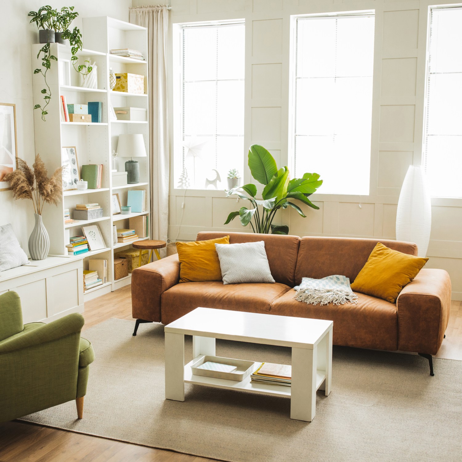 house interior of organized home living room with leather sofa, green armchair, storage, table and plants