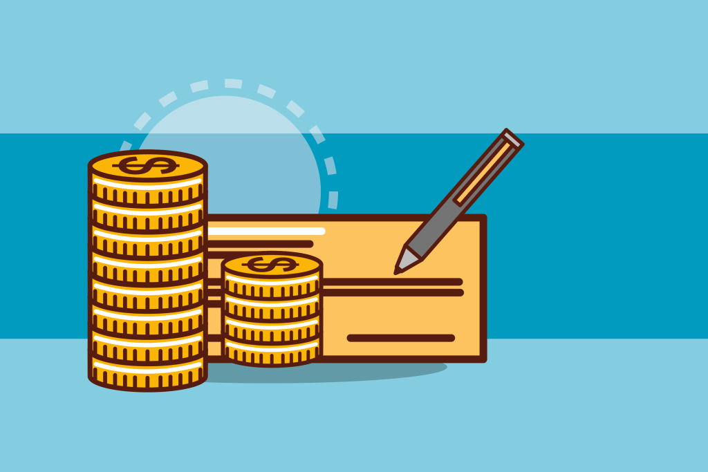 graphic of stacks of gold coins with a US dollar symbol and a blank check on a blue backgroundx