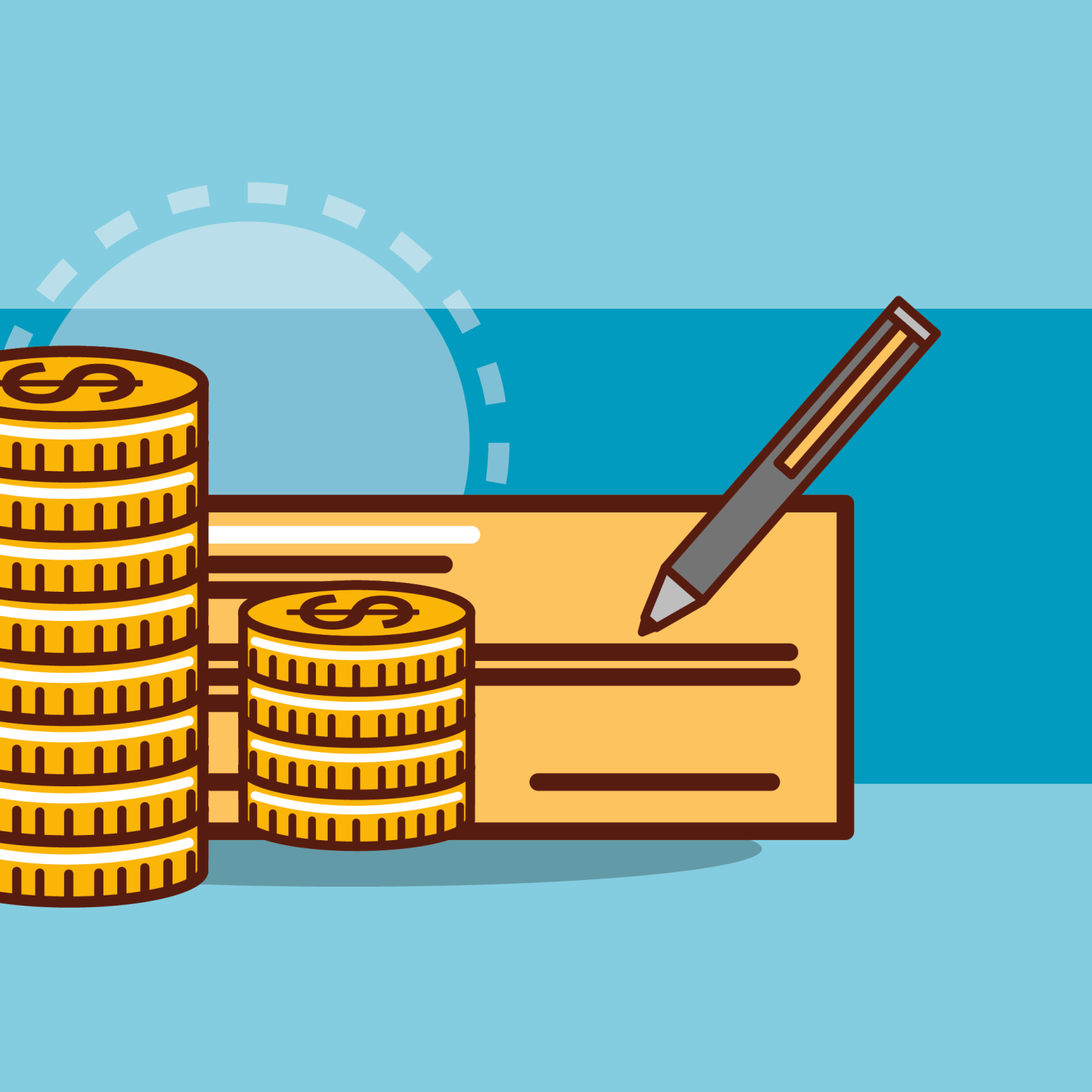 graphic of stacks of gold coins with a US dollar symbol and a blank check on a blue backgroundx