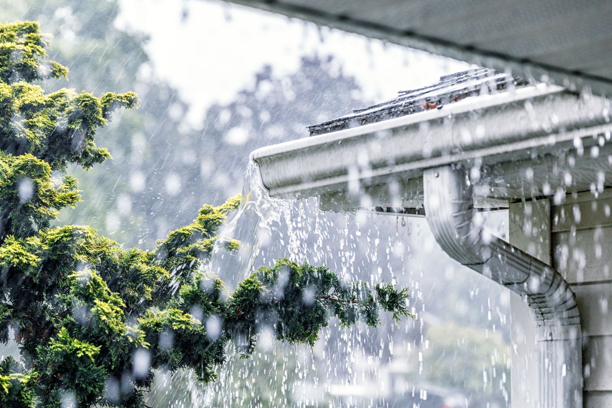 torrential rain overflowing clogged gutters pour water along house siding into foundation cause damage