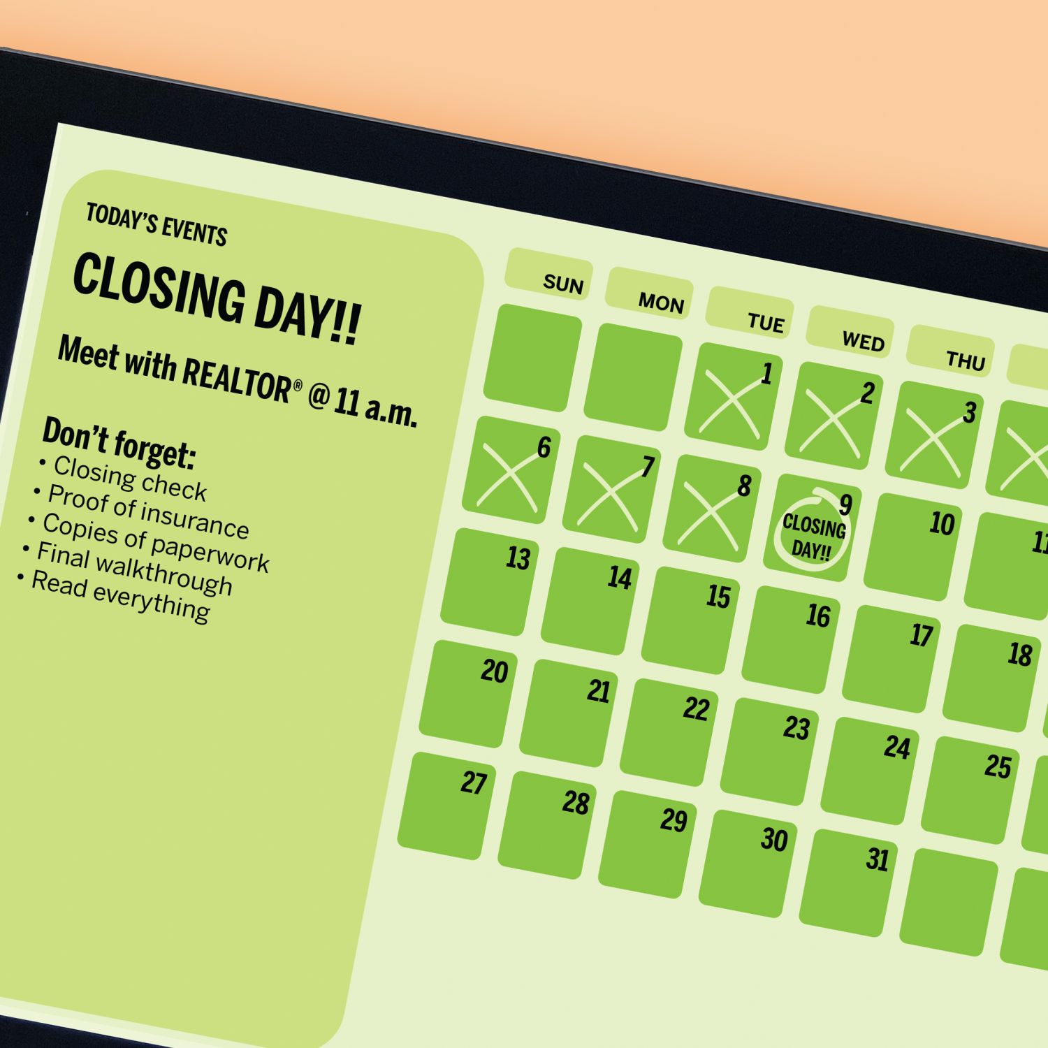 illustration of a tablet with a calendar marking days until closing on a house with checklist to bring