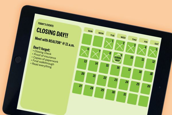 illustration of a tablet with a calendar marking days until closing on a house with checklist to bring
