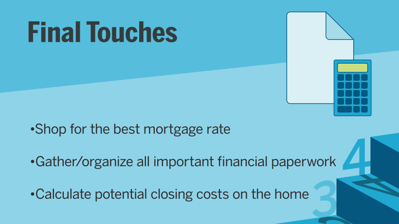 Infographic with financial steps while preparing to buy a house; mortgage rate paperwork closing costs