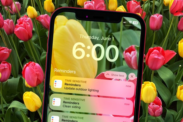 cell phone reminder of home maintenance tasks to complete now in june with a background of pink and yellow tulips