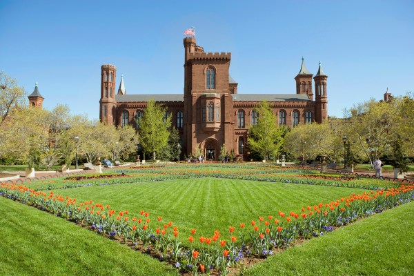 expertly maintained garden, lawn and grounds in front of Smithsonian Institute Castle