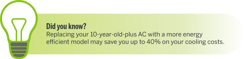Did you know? Replacing your 10-year-old-plus AC with a more energy efficient model may save you up to 40% on your cooling costs.
