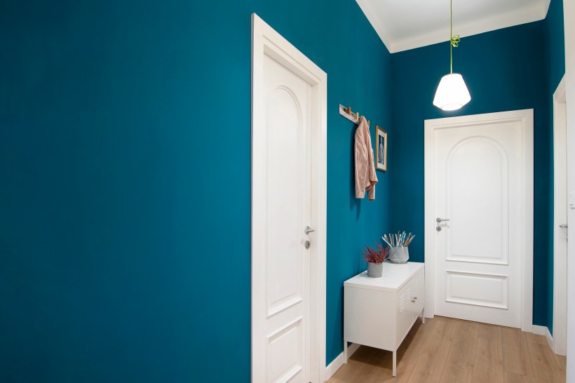 Modern entry hallway with dark teal walls and a console table.