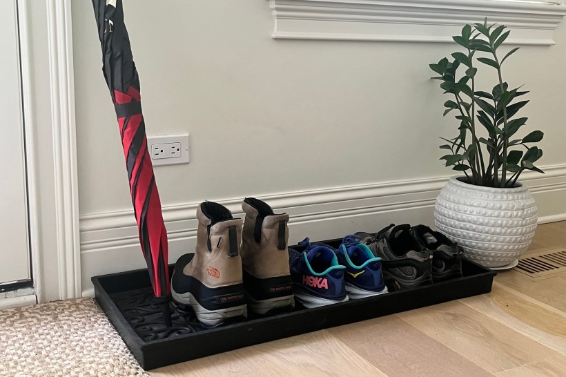 Boot tray with shoes and an umbrella next to a front door
