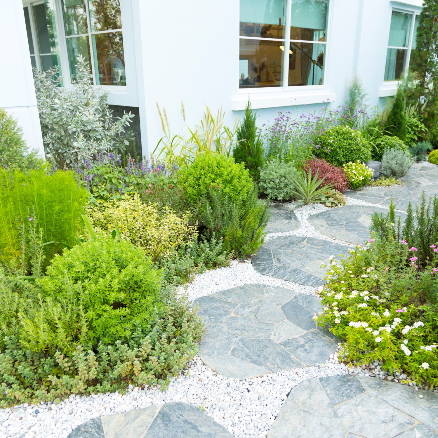 Lush landscaped garden and lawn with beautiful green plants and a stone walkway