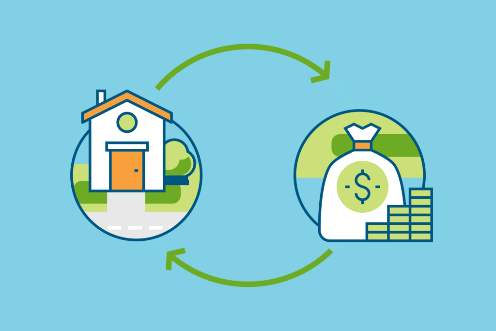 Graphic on reverse mortgages showing simple renditions of a home and a bag of money.