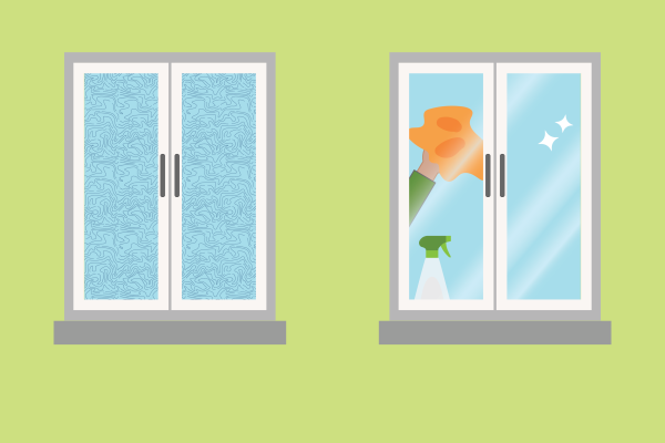 Graphic of one dirty window and then one window that was cleaned like you could do with a homemade cleaning solution