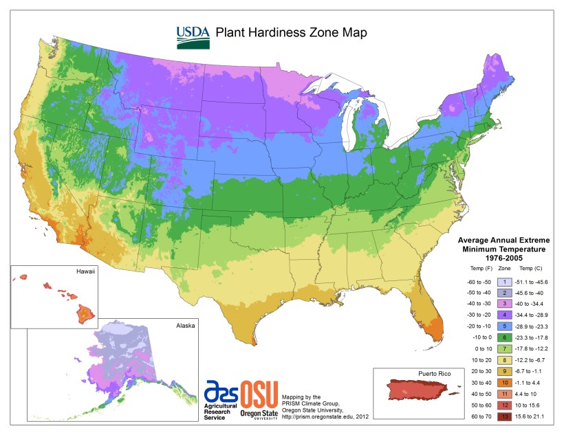 A map of plant hardiness zones in the United States.