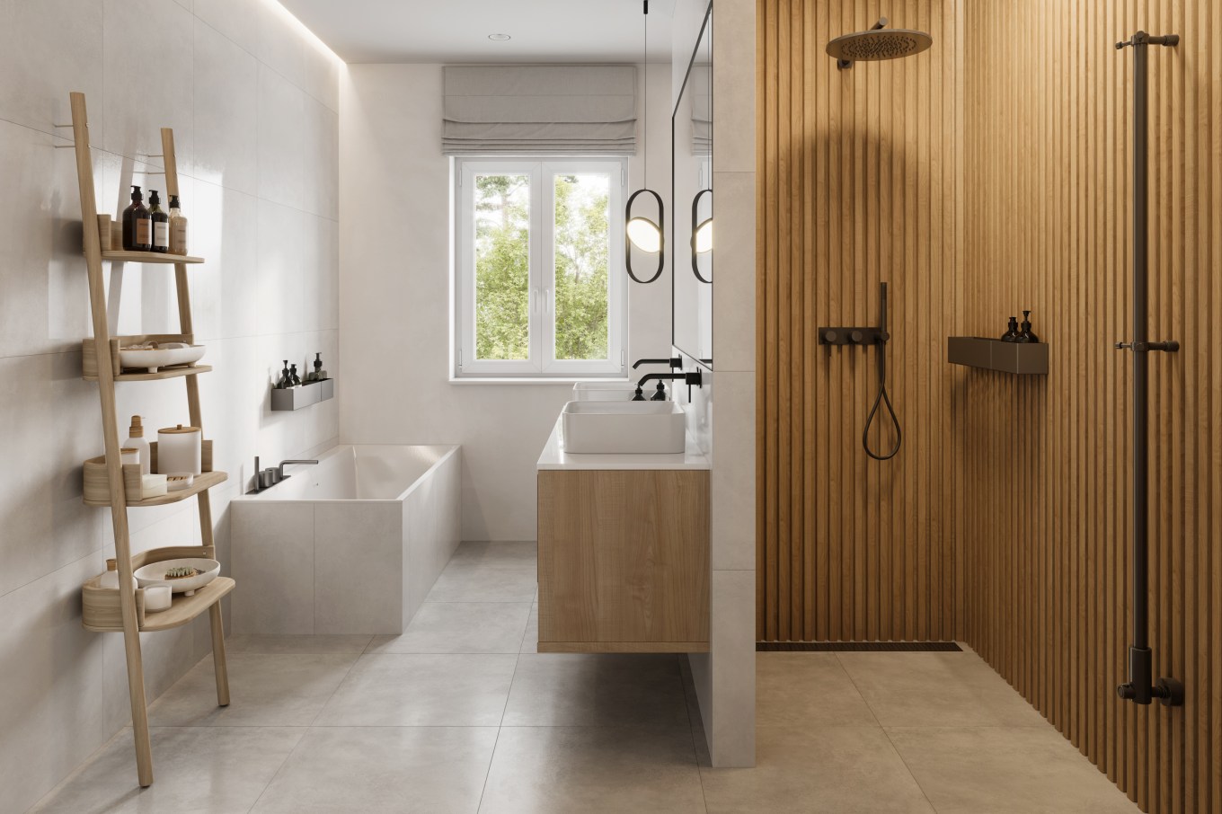 Interior of a luxurious bathroom with a curbless walk-in shower area and bathtub.