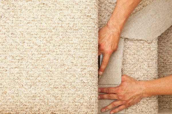 An installer is using a utility knife to trim a section of new stair carpet for installation.