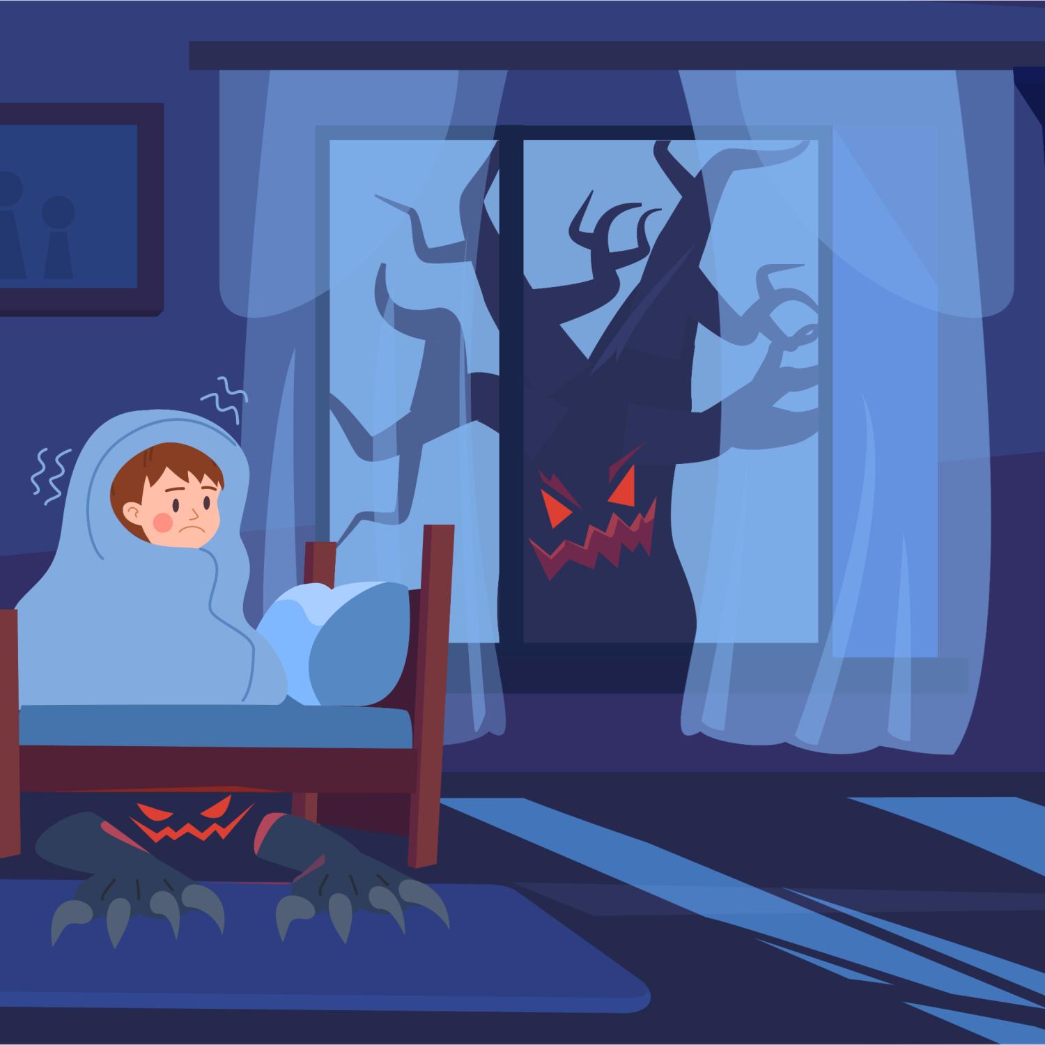 A graphic of a young boy huddled in his bed with a scary, noisy tree outside and a monster under his bed.