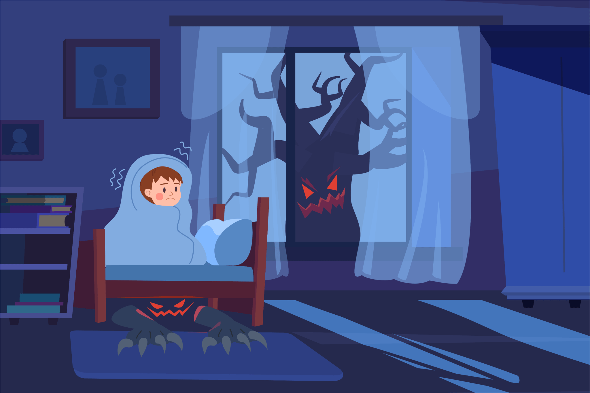 A graphic of a young boy huddled in his bed with a scary, noisy tree outside and a monster under his bed.