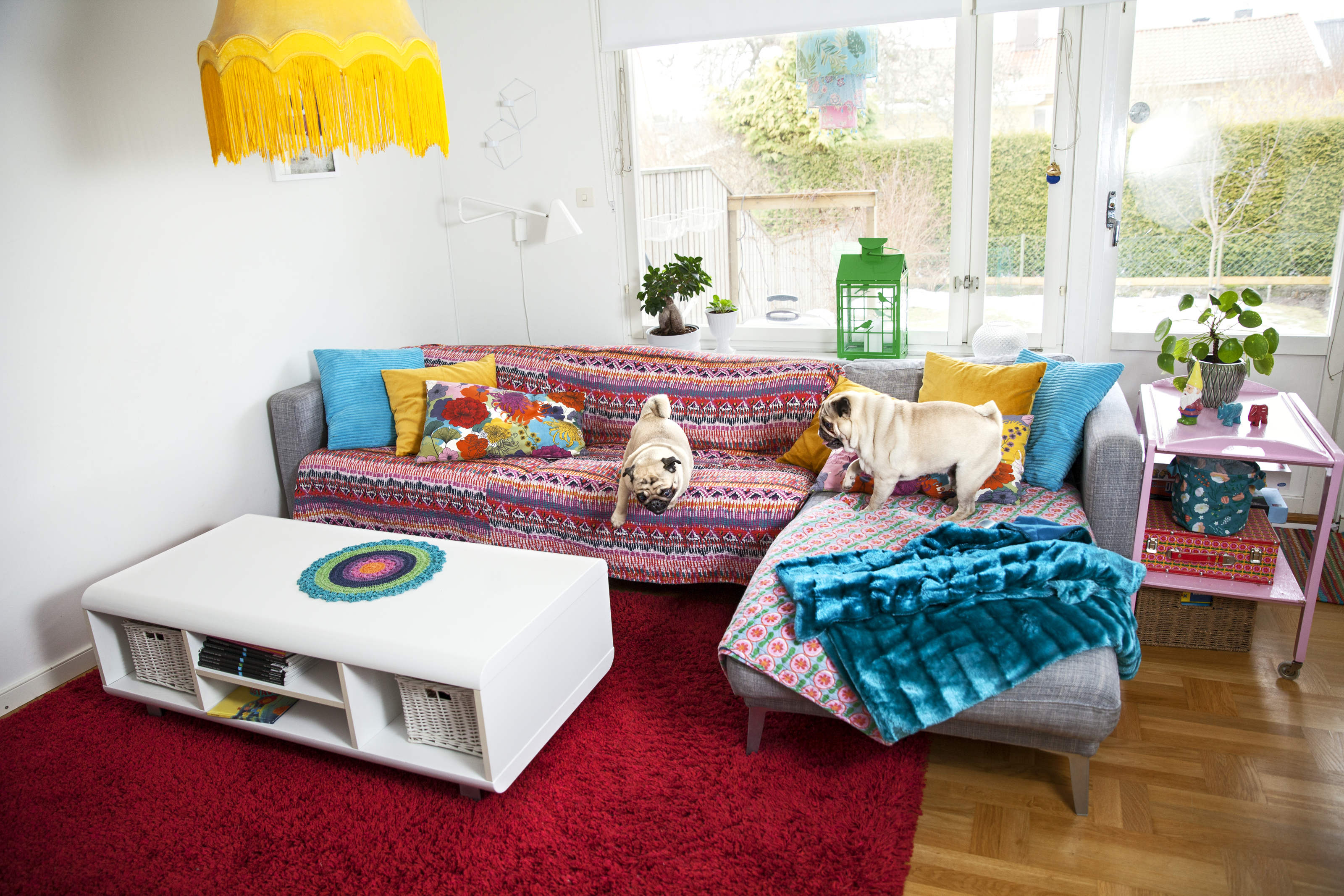 Bohemian living room with many colors.