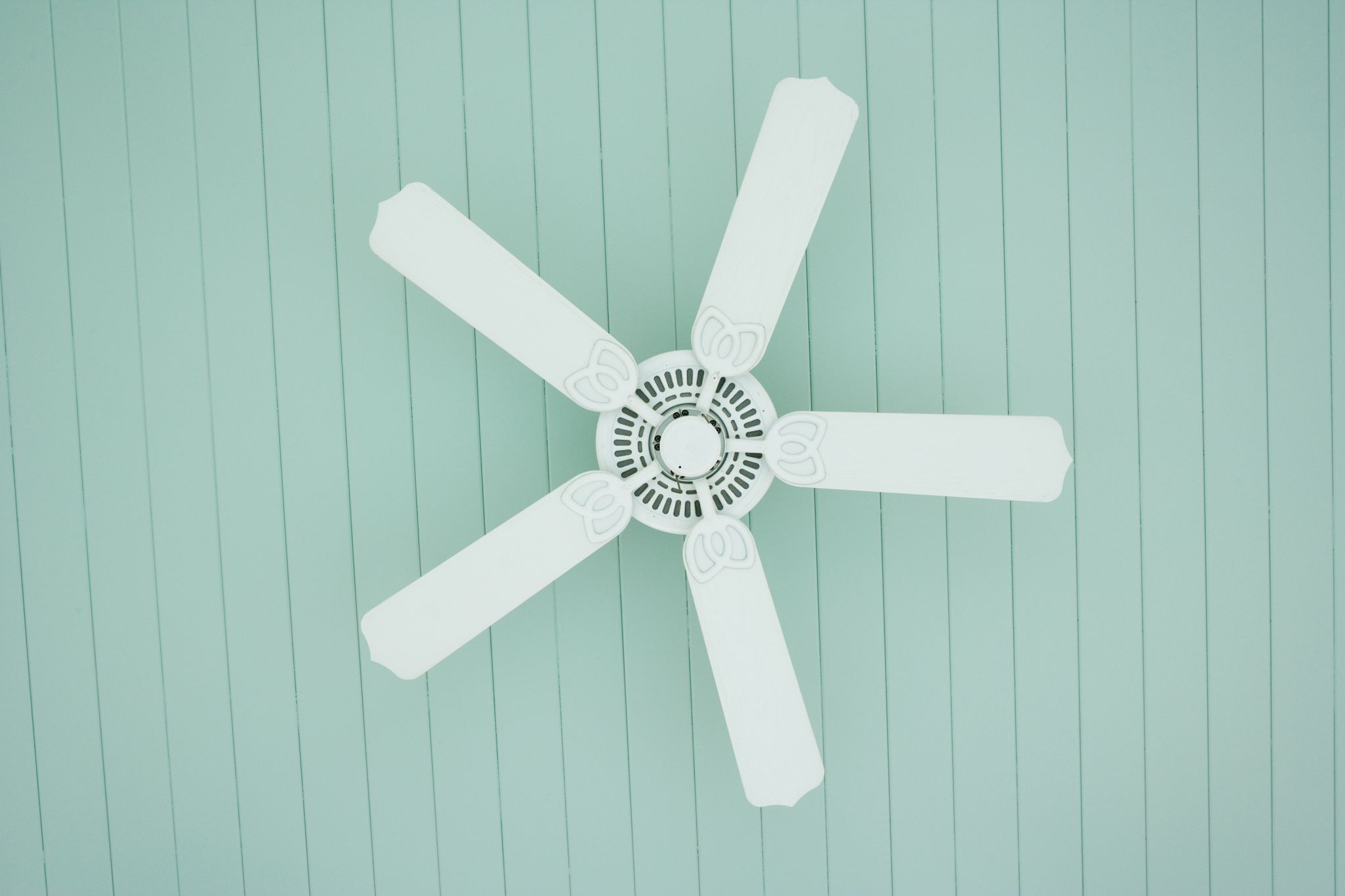 A white ceiling fan, not moving, on a green ceiling.