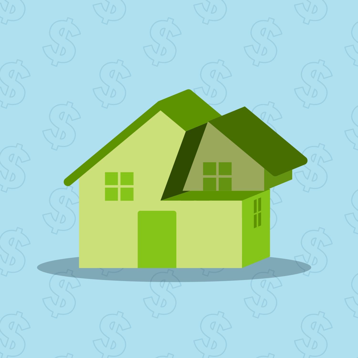 Graphic of a green house with a blue background featuring dollar signs.