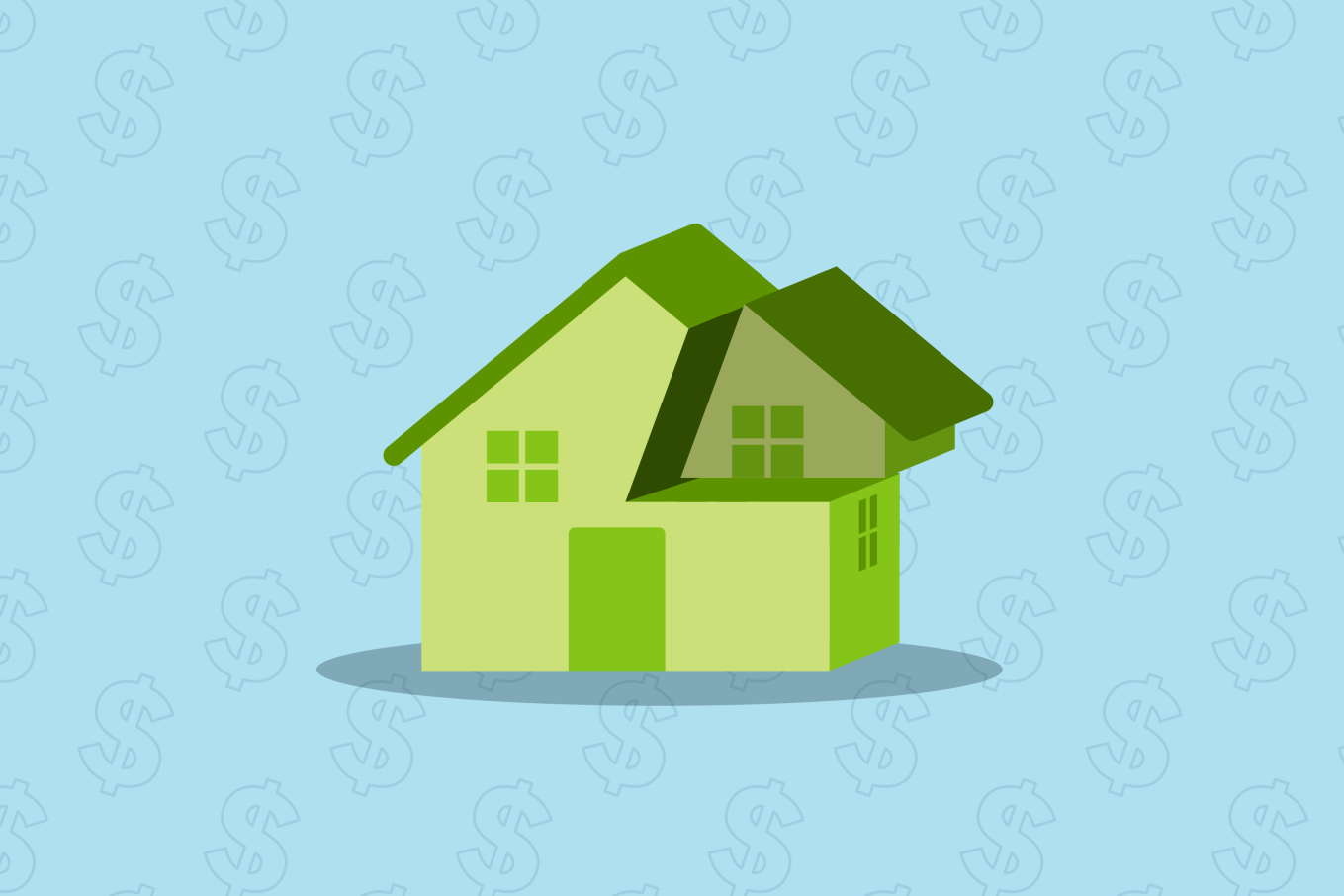 Graphic of a green house with a blue background featuring dollar signs.